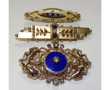 Two Victorian 9ct gold sapphire and seed pearl brooches, 5 & 4cm long, 7.2g, together with a yellow metal Victorian brooch se