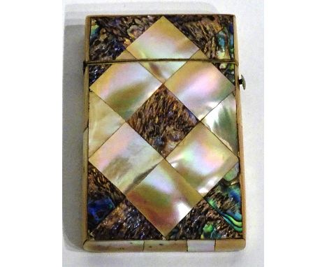 **A mother of pearl and abalone shell calling card case circa mid 19th century, with hinged top above silver lozenge shaped c