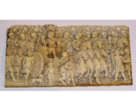 An 18th century central European ivory plaque, intricately carved with Roman army figures and horses pulling chariot, 8 x 15c