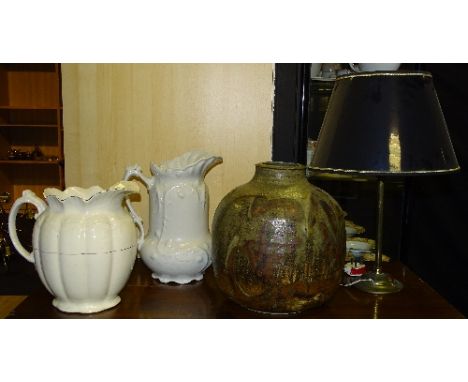 A mixed lot of pottery, comprising large Studio Pottery vase, two toilet jugs and brass table lamp with shade (4)