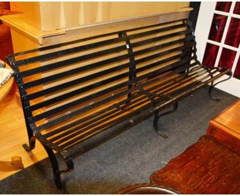 A Victorian black painted cast iron bench, with slatted back rest and seat, 82cm high x 212cm wide x 72cm deep