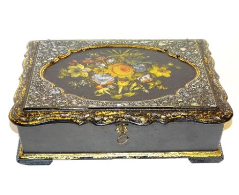 **A Victorian papier mache and mother of pearl writing slope, the hinged top with hand painted floral panel, mother of pearl 