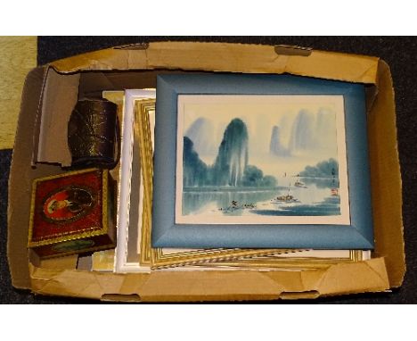 A boxed lot of sundries, to include pictures, commemorative tin, Kodak folding camera etc (a lot)