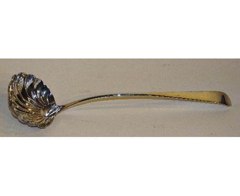 A Scottish provincial silver soup ladle, hallmarks for JMcE struck twice either side of tree mark (rubbed), possibly for Elgi