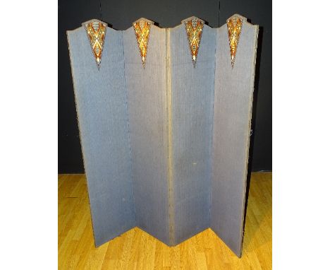 **A vintage fabric covered folding dressing screen, decorated with multi coloured embroidered silk panels, 169cm high x 164cm