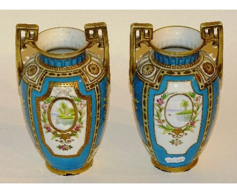 A pair of Noritake vases, with painted panels of lake scenes to front and back, amongst foliate and gilt decoration on pale b