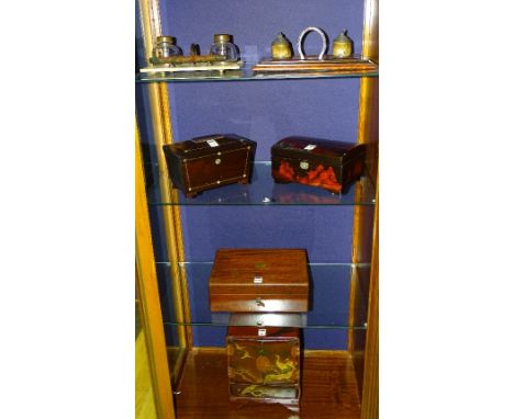 A mixed lot of wooden items, to include Victorian writing slope, Victorian rosewood tea caddy, two japanned jewellery boxes, 