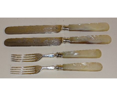 A set of 12 Victorian silver mounted mother of pearl dessert knives and forks, hallmarks for Sheffield 1896 RFM, with etched 