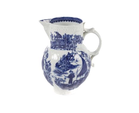 An 18th century Caughley blue and white jug. With mask under spout in Fisherman and Cormorant pattern, a type of double velou