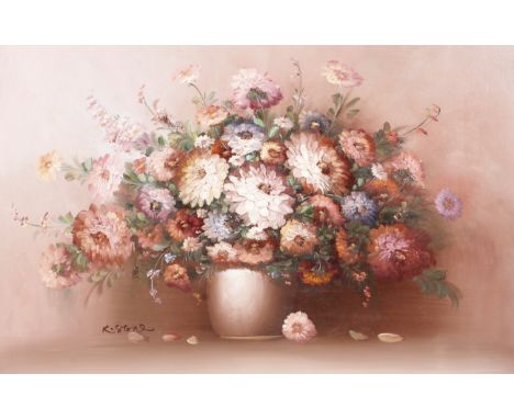 R Stone, 20th-21st century, oil on canvas, still life of flowers in a vase. Signed lower left, 60.2 cm x 90 cm. In a heavy gi