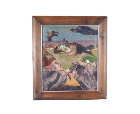 Beryl Turpin, 20th century, polychrome enamel on copper, birds 'Flying & Talking'. Signed and titled to label verso, 34.5 x 2