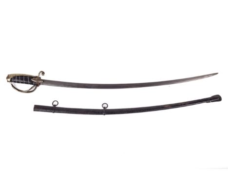 A 19th century child's sword. Of curved form, the scabbard in black painted steel with hanging loops, 68 cm L