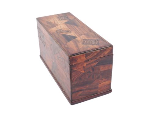 A Japanese parquetry box containing a Mahjong set and bone stick counters. The box with two drawers and a lidded top section,