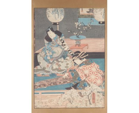 19th century Japanese ukiyo-e woodblock print of an interior with cherry blossom and musicians. Signed, 37 x 25.8 cm