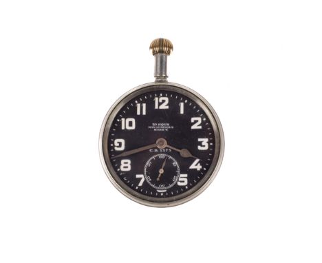 Zenith, a WWI military nickel cased open face keyless pocket watch, circa 1918. The black dial with white Arabic numerals, a 
