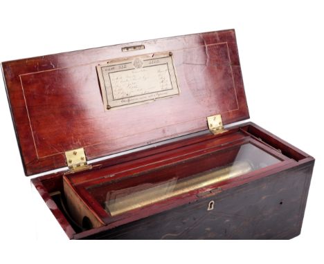 A 19th century Swiss musical box. With faux coromandel exterior playing 6 airs marked 'Etouffoirs en acier soit a Spiraux', w