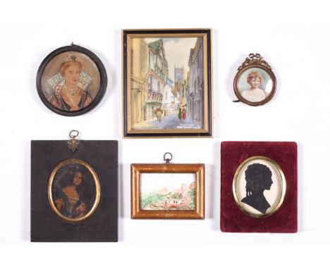 A quantity of assorted miniatures and pictures. To include a portrait of ivorine, Foss St Dartmouth, enamel on copper of came