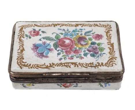 A 19th century French enamel hinge-lidded box with flower decoration and gilt rococo banding. 1.6 cm high x 7.8 cm W x 5.9 cm