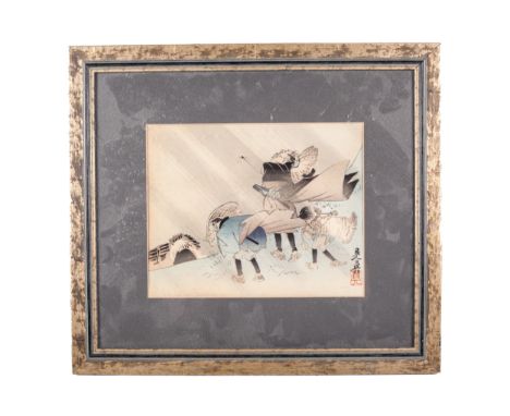 Japanese Ukiyo-e woodblock print, probably Hiroshuto. figures in the driving rain. Signed lower right, image 20 x 25 cm