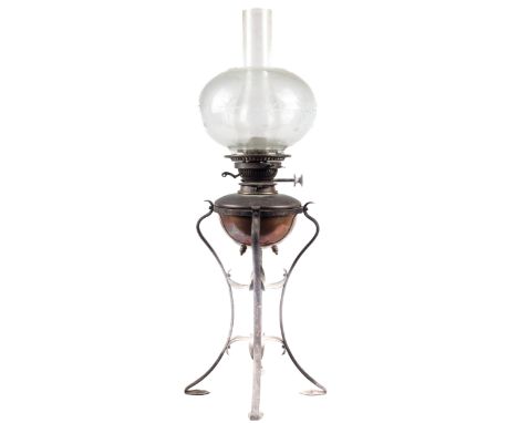 Arts and Crafts, WAS Benson oil lamp. With clear chimney and star cut globe, Hinks No. 1 lever burner, three-stud copper rese