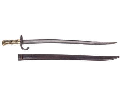 Military : A French Chassepot sword bayonet. With metal scabbard and brass ribbed handle. 69.8 cm long