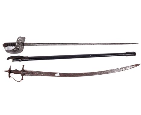 Military : A Victorian straight bladed and fullered sword and scabbard and an Indian Tulwar Sword. The longest 100 cm L ( inc