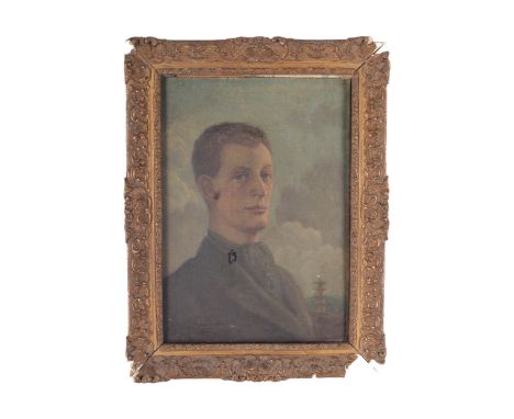 Early 20th century Chinese School, oil on canvas board, portrait of a man before a pagoda. A little relief on the canvas lowe