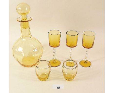 A yellow 1930's glass decanter, two tumblers and three port glasses 