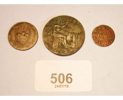 Group of (3) tokens including: North Wales farthing 1793 Pro Rono Publico half penny 1792 John Wilkinson iron master and Edwa