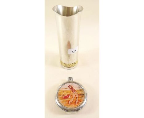 A modern Royal Selangor pewter vase with a gold leaf collar and a pewter golfing hip flask 