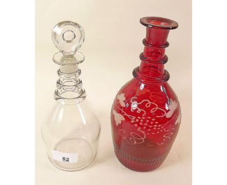 A Georgian decanter and Victorian ruby glass decanter (lacking stopper)