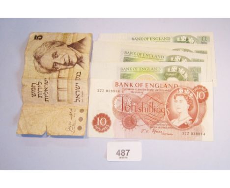 A wad of English banknotes including (1) 10 shillings J S Fforde Prefix 372, (3) £1 J B Page prefix C58, D41 and R73, (5) £1 