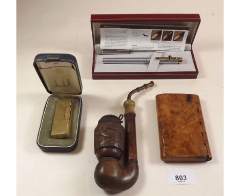 A Dunhill lighter - boxed, Sheaffer pen - boxed, pipe and treen cigarette case  