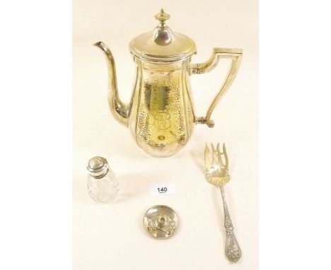 A cut glass and silver toiletry bottle, a white metal miniature sombrero, a silver plated cake fork and a silver plated coffe