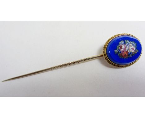 A yellow metal micro mosaic floral stick pin 