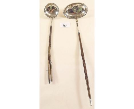 A horn handled silver toddy ladle inset Georgian coin and another with handle a/f