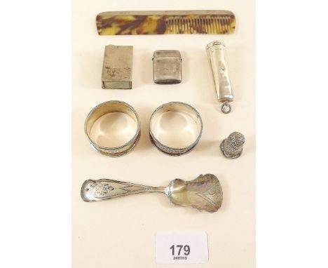 A group of small silver items including caddy spoon, etui, vesta etc 