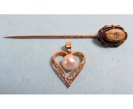 A 9 carat gold oval stick pin set chip diamond and a 14 carat gold heart form pendant set pearl