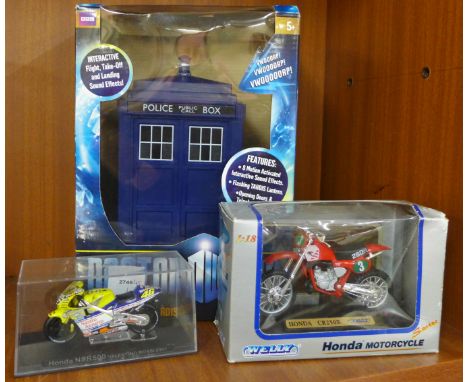 A Dr. Who Flight Control Tardis and two model motorcycles (3)