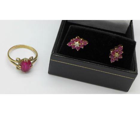 A pair of 9ct gold, ruby and diamond earrings and a 9ct gold ring, M, total weight 3.5g