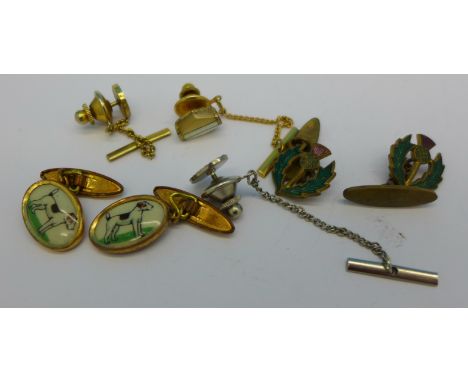 Two pairs of cufflinks and three tie pins