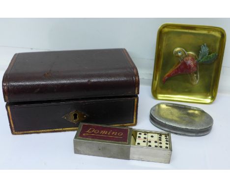 A pewter snuff box, brass dish with pocket knife decoration and cold paint vegetable, pocket dominoes and a cufflink box