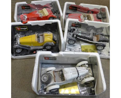 Five Burago die-cast scale model vehicles, Mercedes-Benz 3002, 3020, 3005L Touring and Alfa Romeo 2300 Spider and 8C Monza