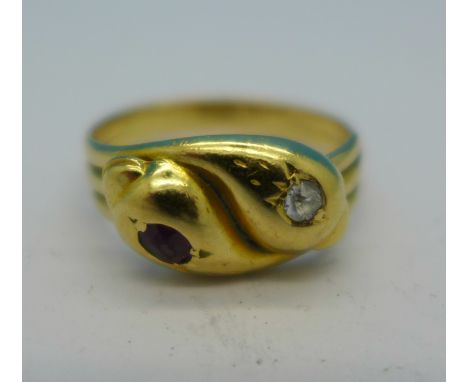 An 18ct gold, diamond and ruby snake ring, 4.0g, O