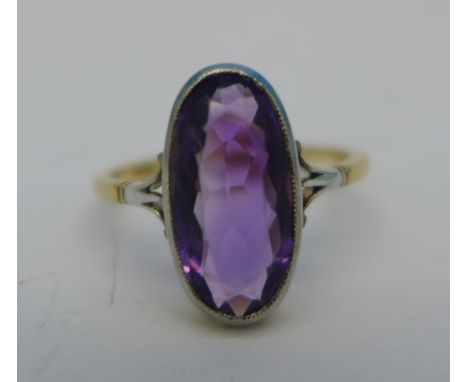 An 18ct gold and amethyst ring, 2.6g, K, stone 13mm x 11mm