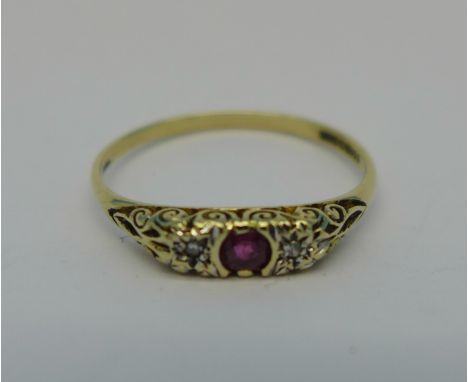 A 9ct gold, ruby and diamond ring, 1.2g, P