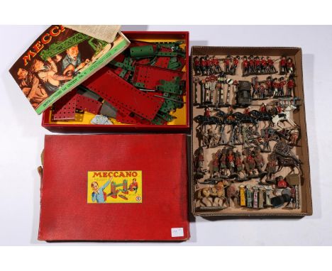 Meccano construction set outfit 6 boxed with instruction manual (not verified completeness), and a group of Britains, Elastol