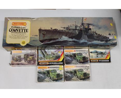 Matchbox 1:72 scale plastic model construction sets including: 3 PK-901 Flower Class Corvette; PK-174 M-19 tank transporter 4