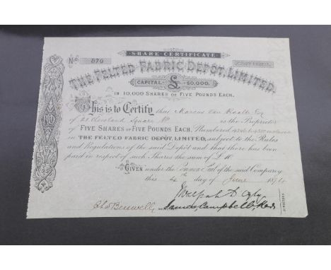 Bond and share certificates collection including The Felted Fabric Depot Limited, The Argus and Australasian Limited, The New