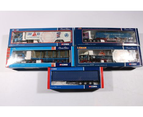 Corgi 1:50 scale diecast model vehicles models including: CC12905 Scania Topline Sheeted Trailer Yuill and Dodds; CC12218 Sca